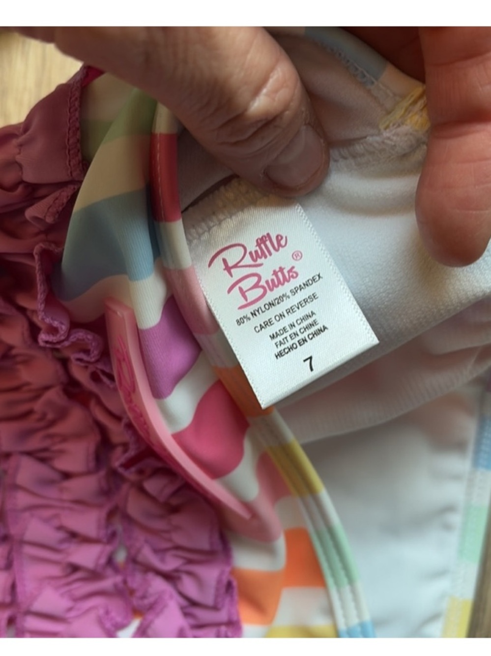Ruffle Butts Pink Ruffle Swimsuit with Pastel Rainbow Trim Size 7